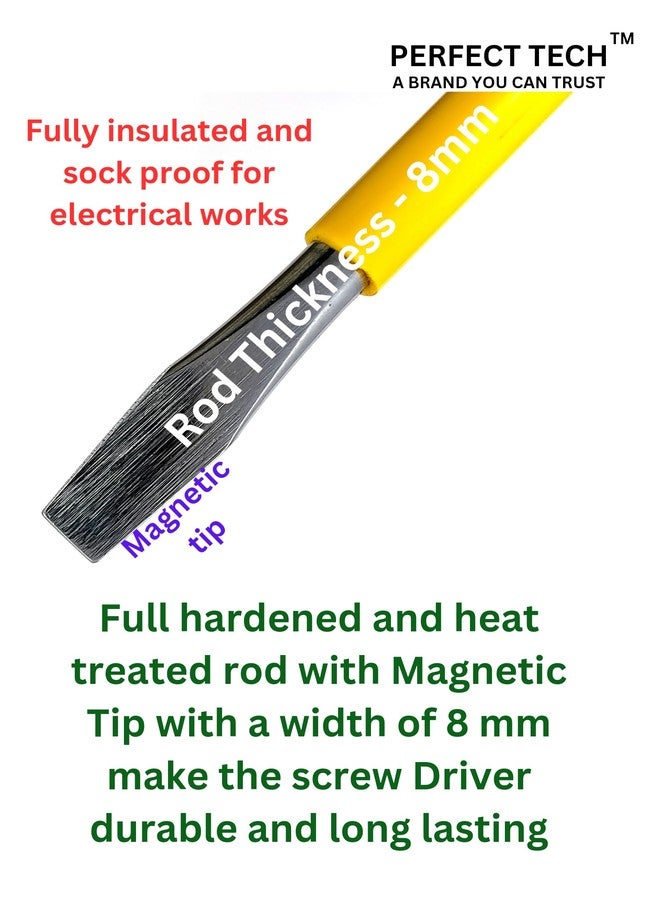 PERFECT TECH Pack of 4 Pcs Flat Head 8 mm Screwdriver | Steel 2 in 1 Screw Driver | Wlectrical Works | Hand Tools | Screwdriver Set Tools Kit | Green & Yellow (Rod Length - 6,8,10 &12 Inch) - Image 4